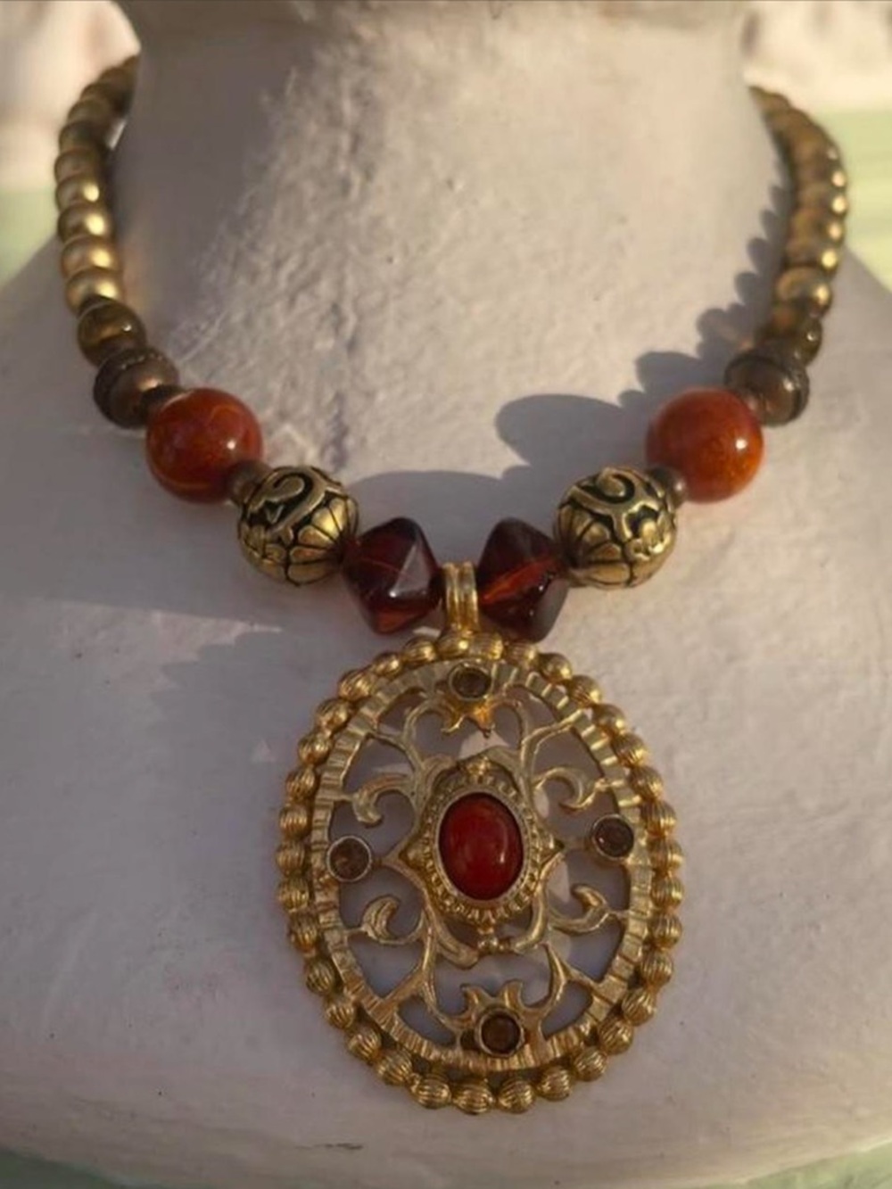 Vintage Gold Brown Orange Boho Statement  Beaded Pendant Necklace  Women Jewelry